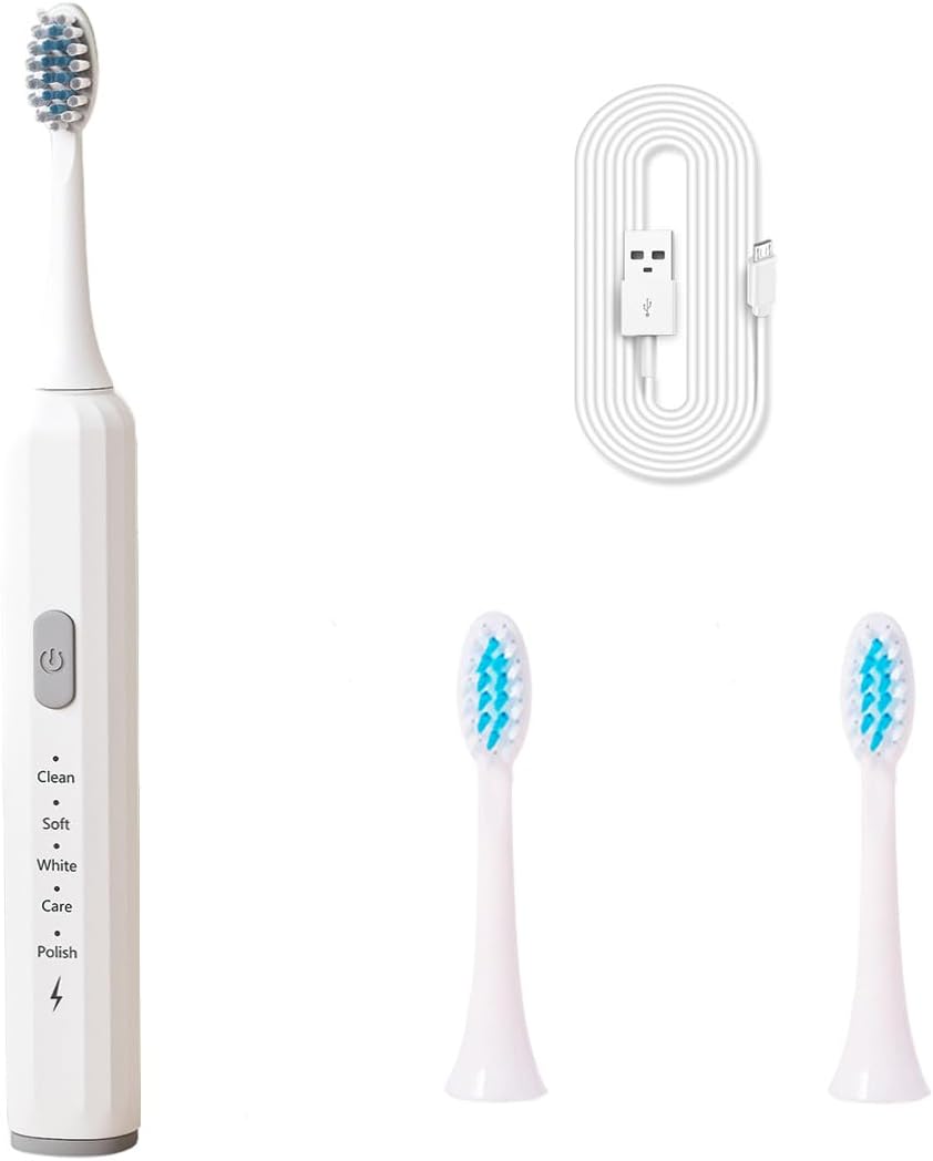 Electric Toothbrush for Adults, 5 Modes USB Rechargeable with 2 Extra Brush Heads, 66000 RPM Sonic Toothbrush with 2-Minute Timer, IPX7 Waterproof, Soft Bristles (White)