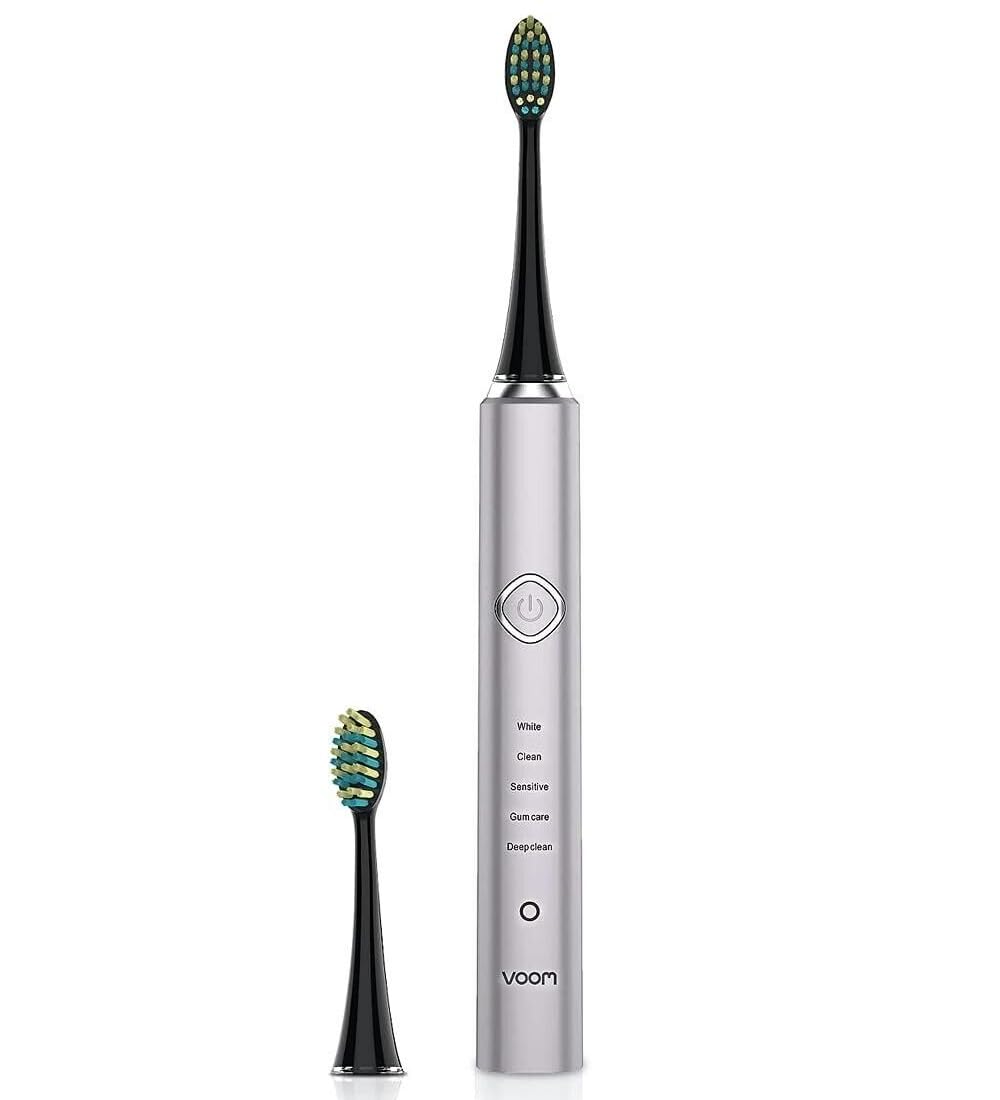 Voom Sonic Pro 7 Rechargeable Electronic Toothbrush + Pro 7 Series Replacement Brush Heads - 2-Minute Timer with Quadrant Pacing & 5 Adjustable Speeds,Soft Dupont Nylon Bristles Oral Care - Sliver