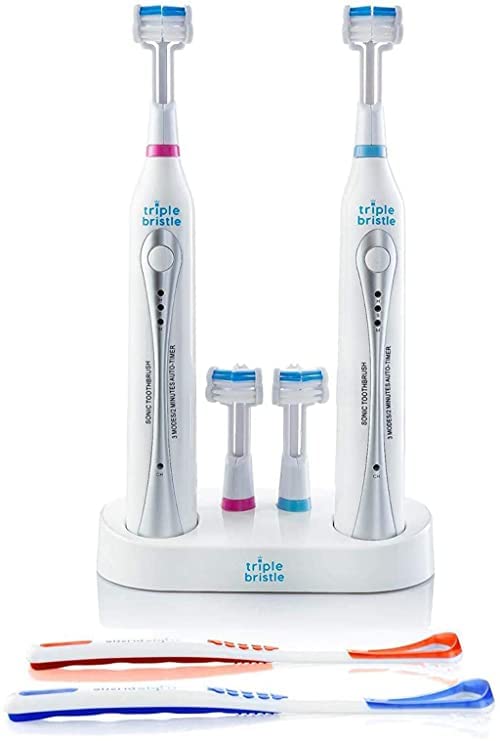 Triple Bristle Duo | 2 Sonic Toothbrushes with Dual Charging Station | Patented 3 Head Design | for Adults, Families & Couples Duo Teeth Whitening Strips