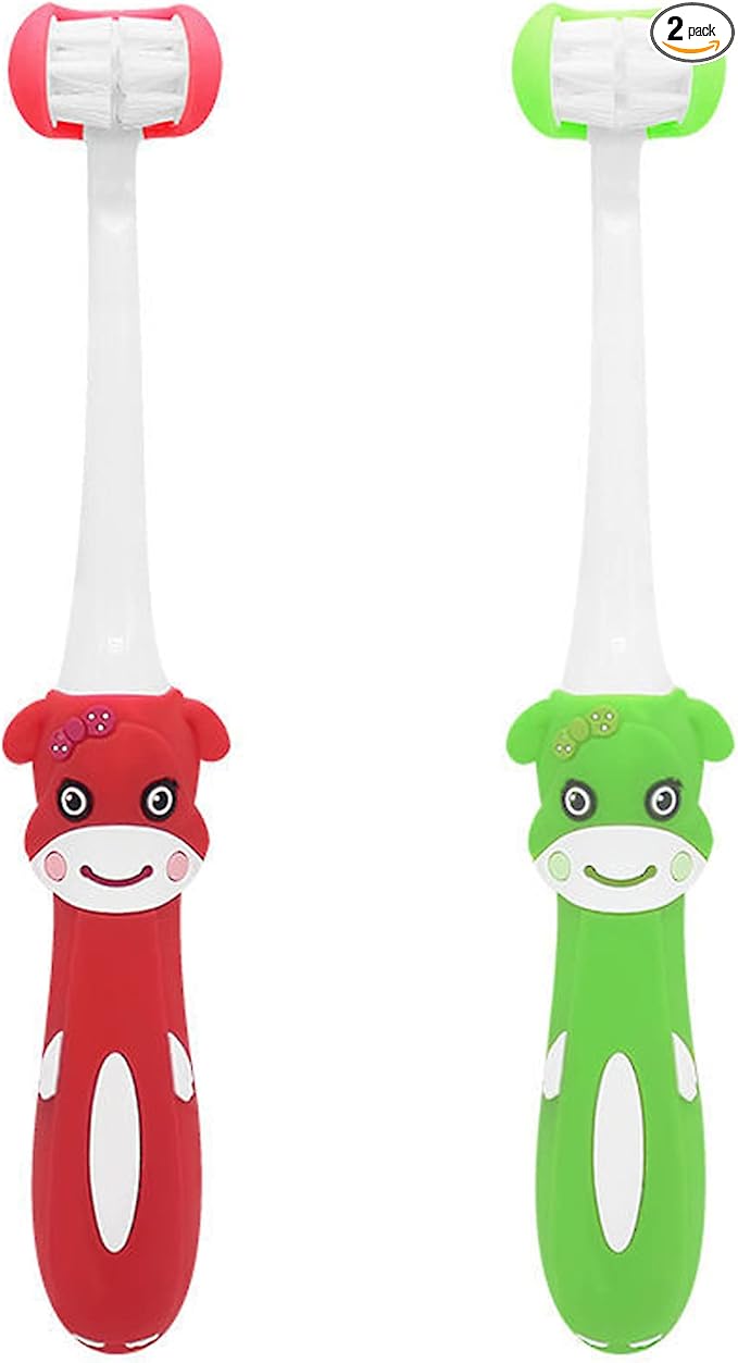 2 Pieces 3 Sided Toddler Toothbrush, Three Bristles for Kids Toothbrush, Autism Soft Bristles,Soft and Gentle for Complete Tooth and Gum Care (C4（Red+Green） Kids)