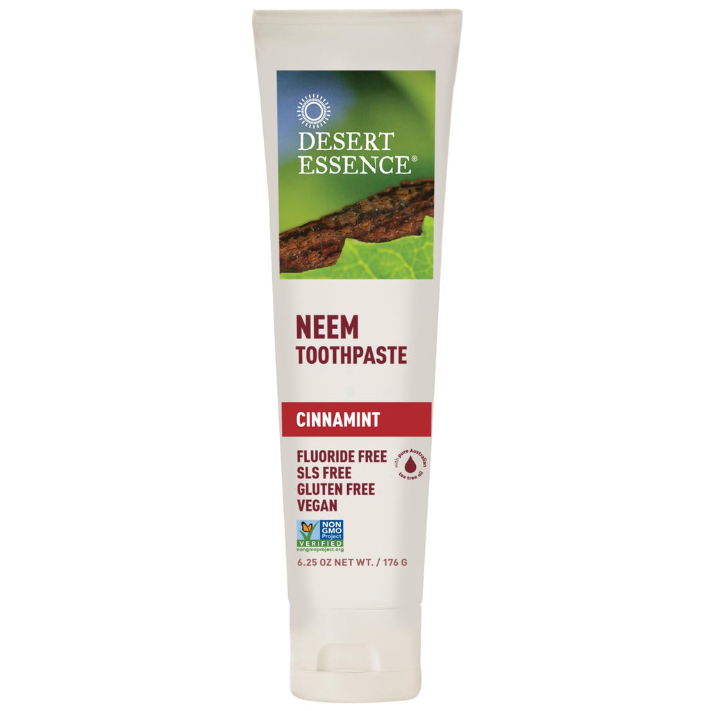 Desert Essence Natural Neem Toothpaste - Cinnamint - 6.25 Oz - Pure Essential Oil - Baking Soda - Complete Oral Care - Sea Salt - Refreshing Taste - Promotes Buildup Reduction