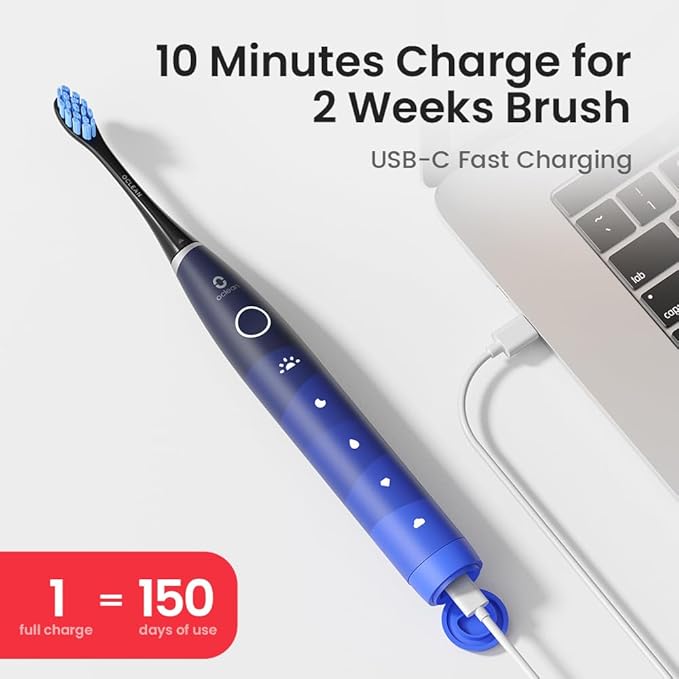 Oclean Electric Toothbrush for Adults, 150 Days Battery Life Electric Toothbrush, USB Rechargeable Sonic Travel Toothbrush with 6 Brush Heads & Travel Case, 5 Modes and Smart Timer