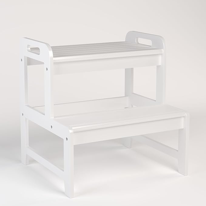 Step Stool for Kids Bamboo Toddler Two Steps Stool with Anti-Slip and Handles Stairs 300 lbs Capacity for Bathroom Kitchen Bedroom(White)