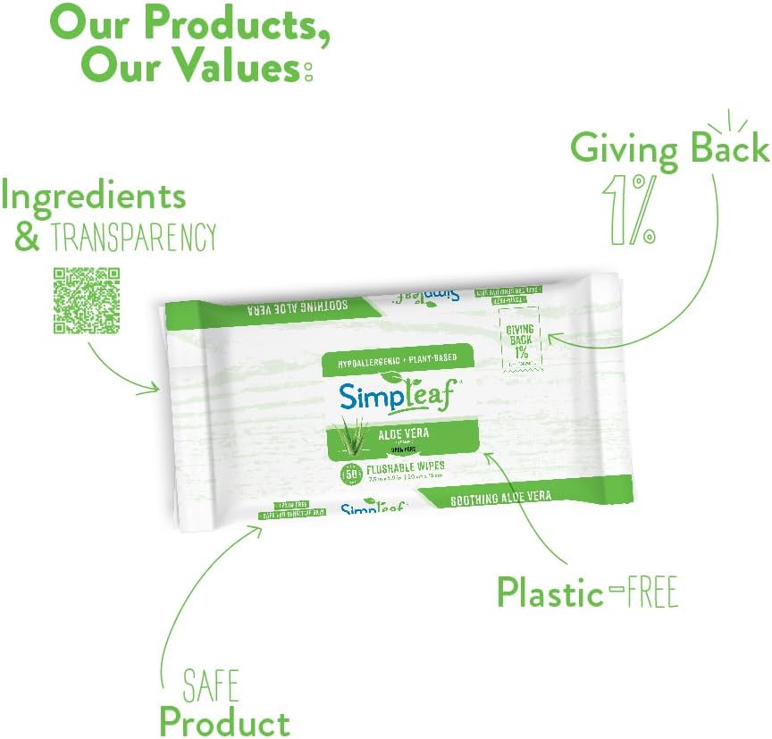 Simpleaf Flushable Wet Wipes Aloe Vera | Plastic Free, Paraben & Alcohol Free | Hypoallergenic & Safe for Sensitive Skin | Soothing Aloe Formula | Adult Toilet Wipes (3 x 50 Counts Pack) 150 Counts