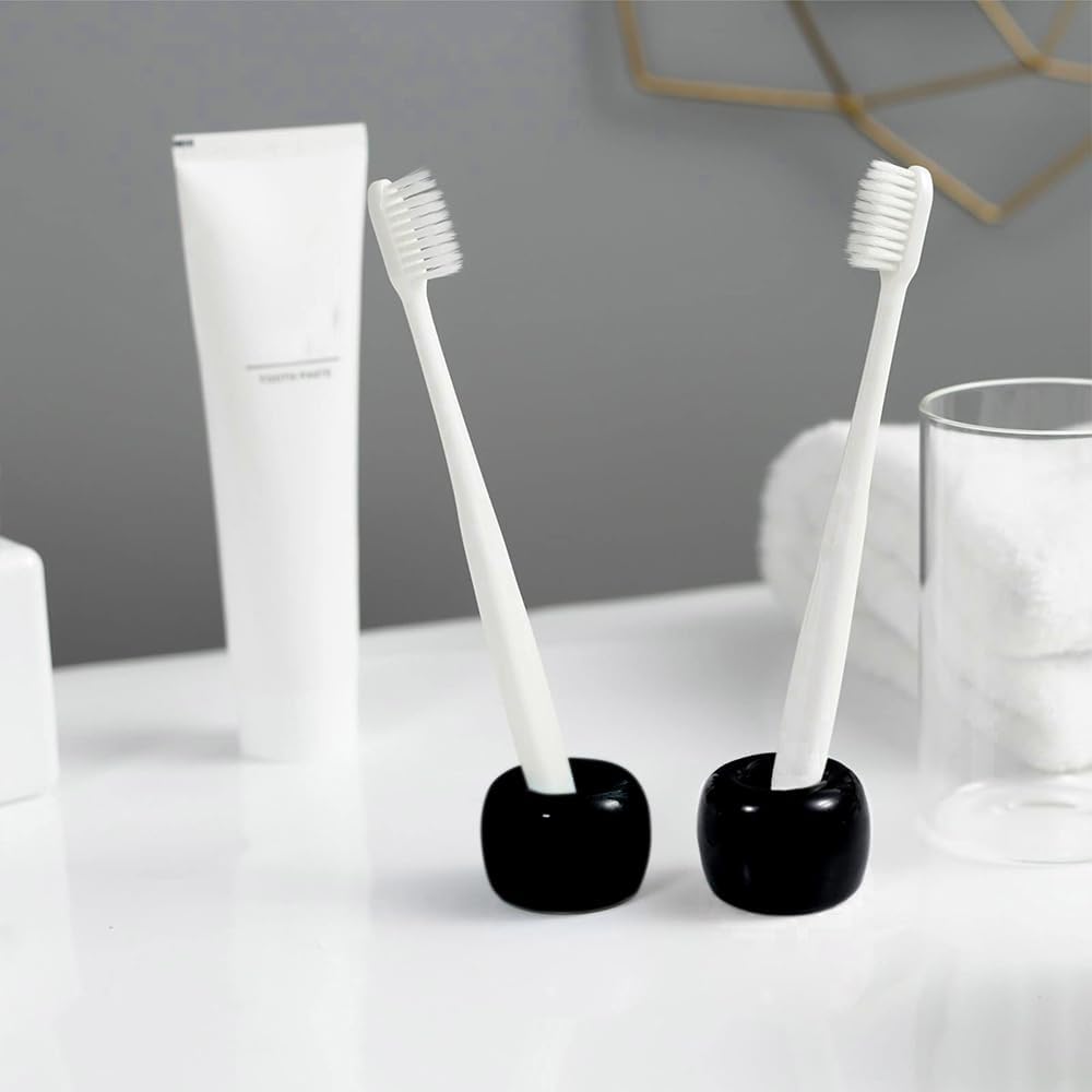 Mini Ceramics Toothbrush Stand for Bathroom Vanity Countertop, Handmade Couple Toothbrush Head and Shaver Holder, Office Pen Holder, 2-Piece Set Black