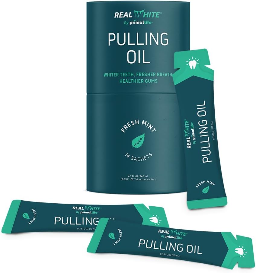Primal Life Organics – Real White Pulling Oil, Teeth Whitening Mouthwash with Essential Oils, Coconut, Tea Tree, Key Vitamins, Chemical Free, Fluoride Free, 14 Sachets (Fresh Mint, 0.33 oz.)