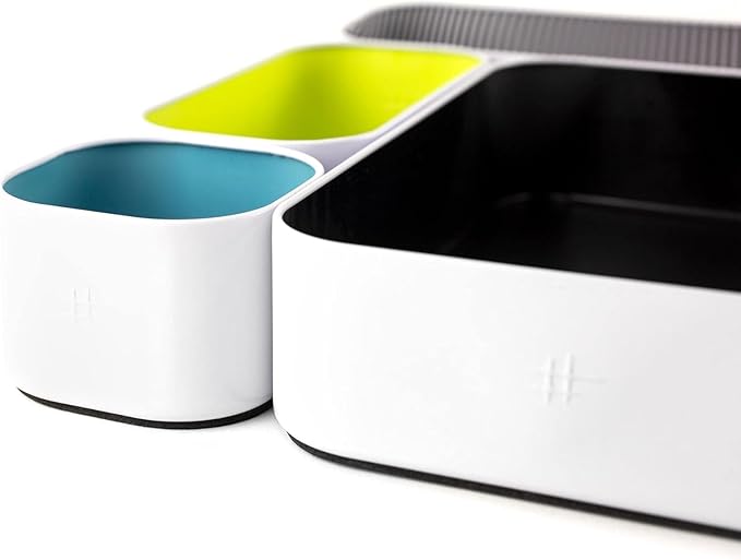 Three by Three Seattle 6 Piece Metal Organizer Tray Set for Storing Makeup, Stationery, Utensils, and More in Office Desk, Kitchen and Bathroom Drawers (2 Inch, Assorted Colors, Stripes)