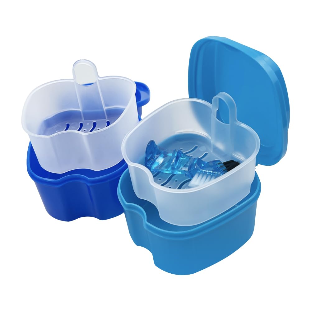 2pcs Denture Bath Retainer Case, Dentaure Cups for Soaking Dentures with Strainer Basket Tray,Compact and Pportable Design, Suitable for Traveling (Light Blue+Purple)