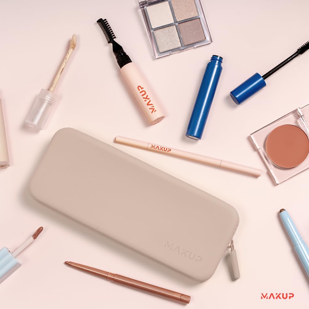 MAKUP Silicone Makeup Bag, Makeup Brush Holder with Zipper for Organizing Cosmetics, Makeup Brushes, Tools and Pencils, Washable Makeup Brush Holder Pouch for Travel (Nudist)