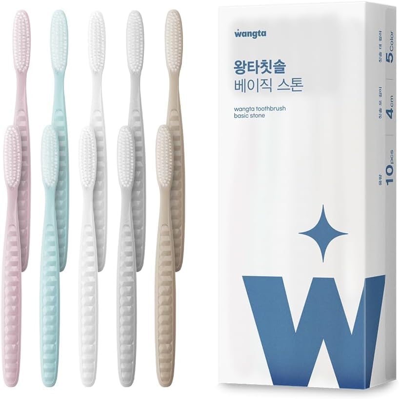 WANGTA Basic Stone - Extra Large Toothbrushes - 1.6 inch (4 cm) Wide Head, 4,000 Bristles for Deep Cleaning & Gum Care – Made in Korea Premium Oral Care – Plaque Remover for Sensitive Teeth (10 Pack)