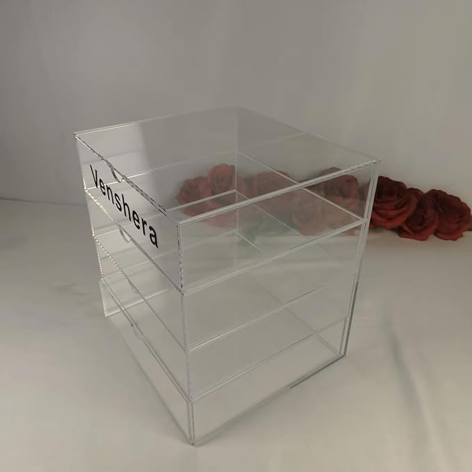Venshera 4-Drawer Acrylic Organizer – Clear Storage Box with Sliding Drawers for Bathroom, Vanity, Desk, or Makeup. (Clear white)