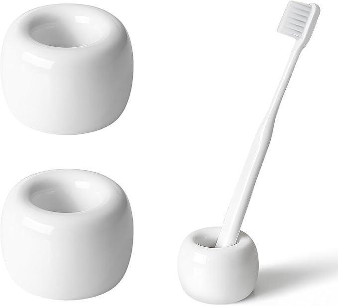 AirMoon Mini Ceramic Toothbrush Holder for Bathroom - White Small Countertop Organizer, Easy Clean Toothbrush Stand, Suit for Electric Toothbrush Head, Pens & Coffee Spoon, Pack of 2