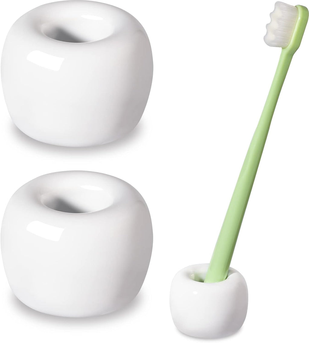 Travel-Friendly Mini Ceramics Toothbrush Holders for Bathroom Decor Vanity Countertops, Space Saver, White, 2 Pack
