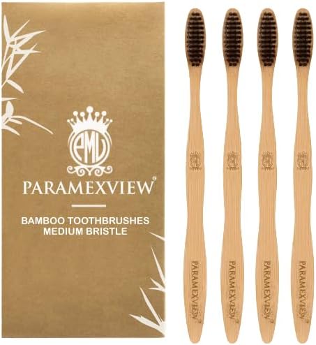 Paramexview® Natural Bamboo Toothbrushes Set of 4 | BPA-Free Medium Bristles, Eco-Friendly | Biodegradable Handle, Charcoal Infused and Organic Base