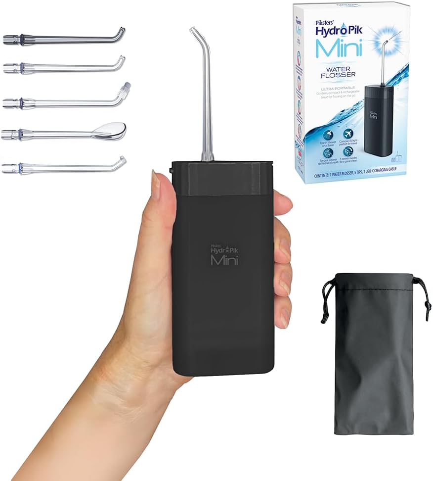 Piksters HydroPik Mini Water Flosser for Travel – Portable Cordless Oral Irrigator with USB-C Charging, 3 Pressure Modes & 2 Tips, Compact & Lightweight for On-The-Go Dental Care, Black