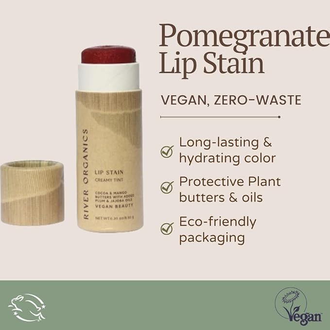 Organic Lip Stain, Zero-Waste Vegan Lip Stain in Fig, Pomegranate or Guava .30 oz / 8.45 g Long Lasting, Toxic Free, (Pomegranate)