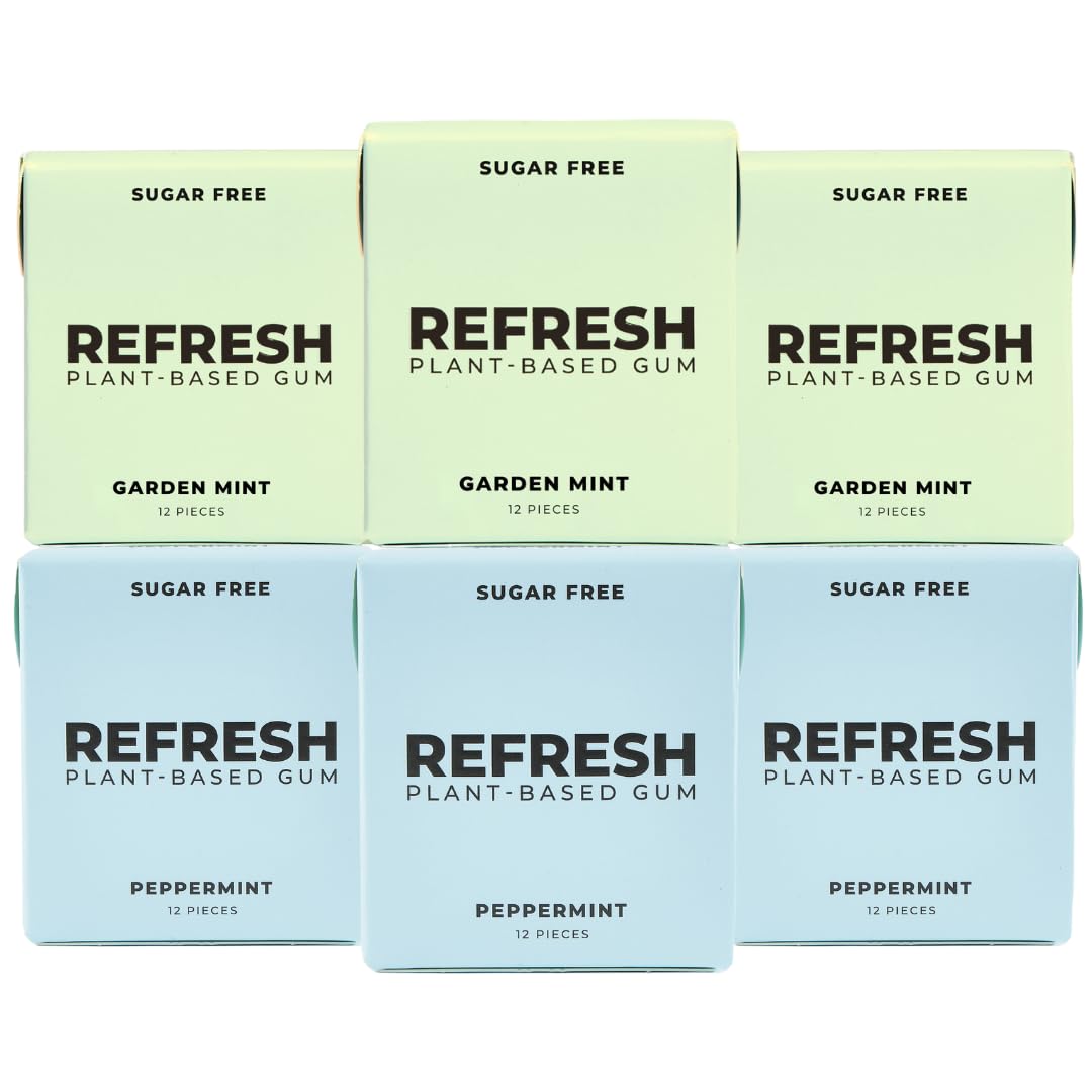 Refresh Gum, Xylitol, Natural, Sugar Free, Chewing Gum, Plastic Free, Natural Flavors & Organic Ingredients, Non GMO, Gluten Free, Vegan, Peppermint & Garden Mint