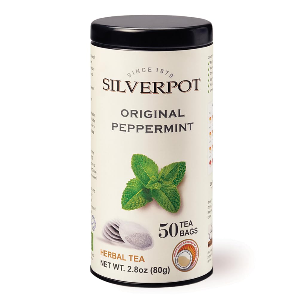 Silverpot Original Peppermint Tea Bags - 50 Round Bags | Natural, Refreshing Mint | Caffeine Free, Herbal | Reusable Tin
