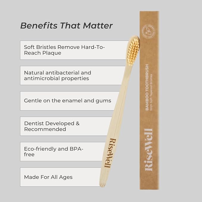 RiseWell Soft Bamboo Toothbrush – Soft Bristles for All Ages, BPA-Free, Sustainable, Natural Bamboo Handle, Made by Dentist Toothbrush
