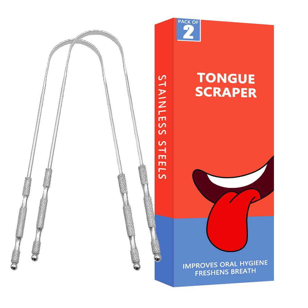 Tongue Scraper for Adults Oral Care Tongue Cleaner Reduce Bad Breath Metal Tongue Scrubber Stainless Steel (Silver, Pack of 2)