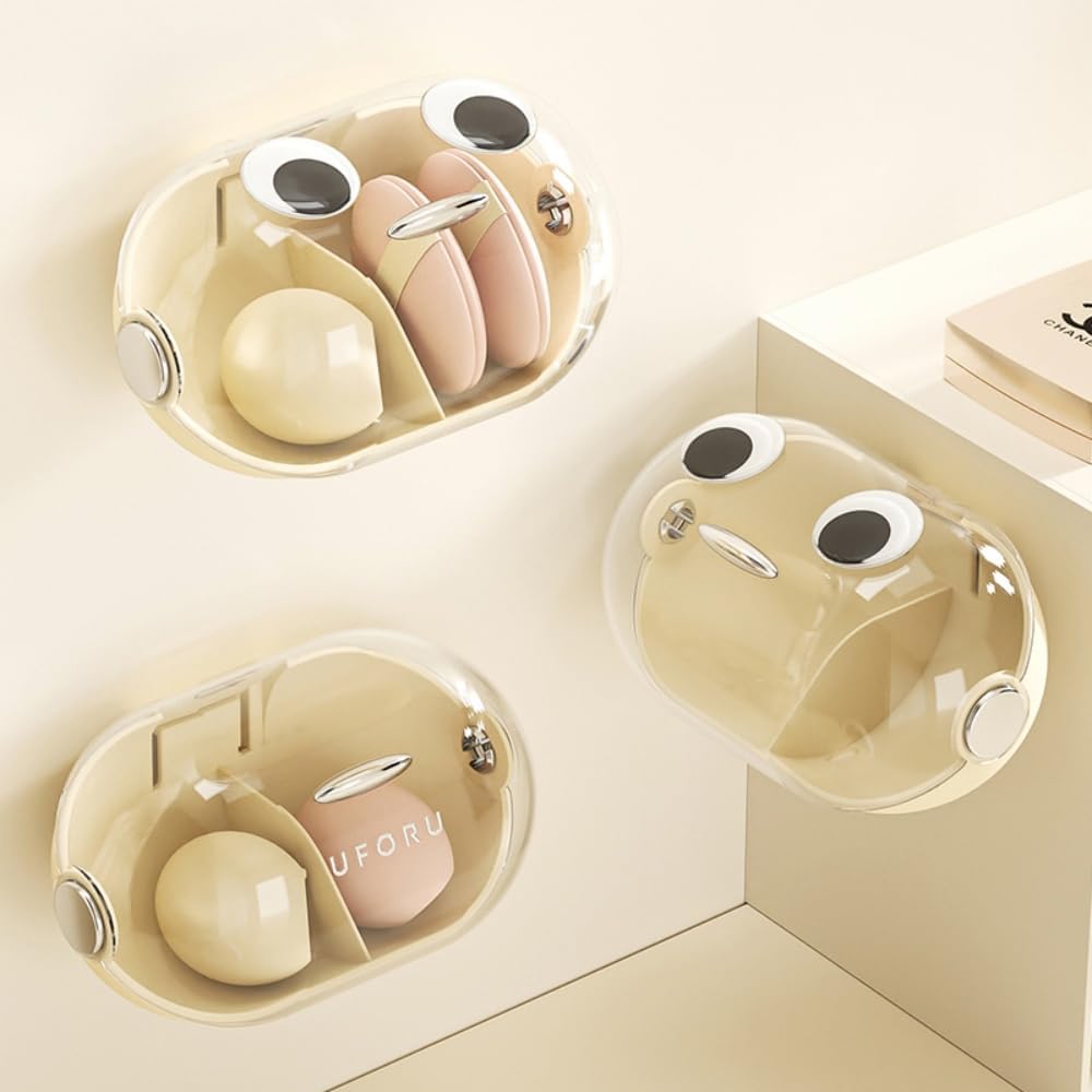 Wall-Mounted Makeup Sponge Holder Beauty Blender Holder Small Hair Accessories Organizer Drying Storage Box for Bathroom Countertop with Cute Big Eyes and Lid, 2 Compartments(1 PC,whiter)