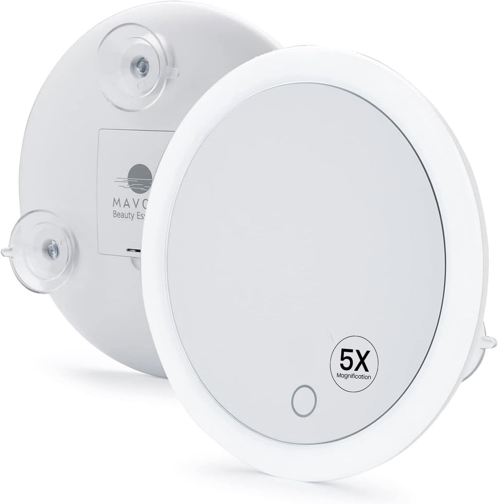 Mavoro 6.8" LED Magnifying Mirror with 3 Strong Suction Cups | 5X Magnification | Portable Lighted Travel Makeup & Cosmetic Mirror with Light (4 AAA Battery Operated | 5X)