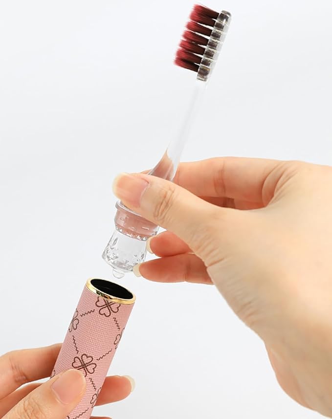 Foldable Travel Toothbrush Set,Compact Head,Mini Toothbrush with Toothbrush Case,Soft Bristled Travel Toothbrushes for Adults (Leather Handles Pink 1 PCS)