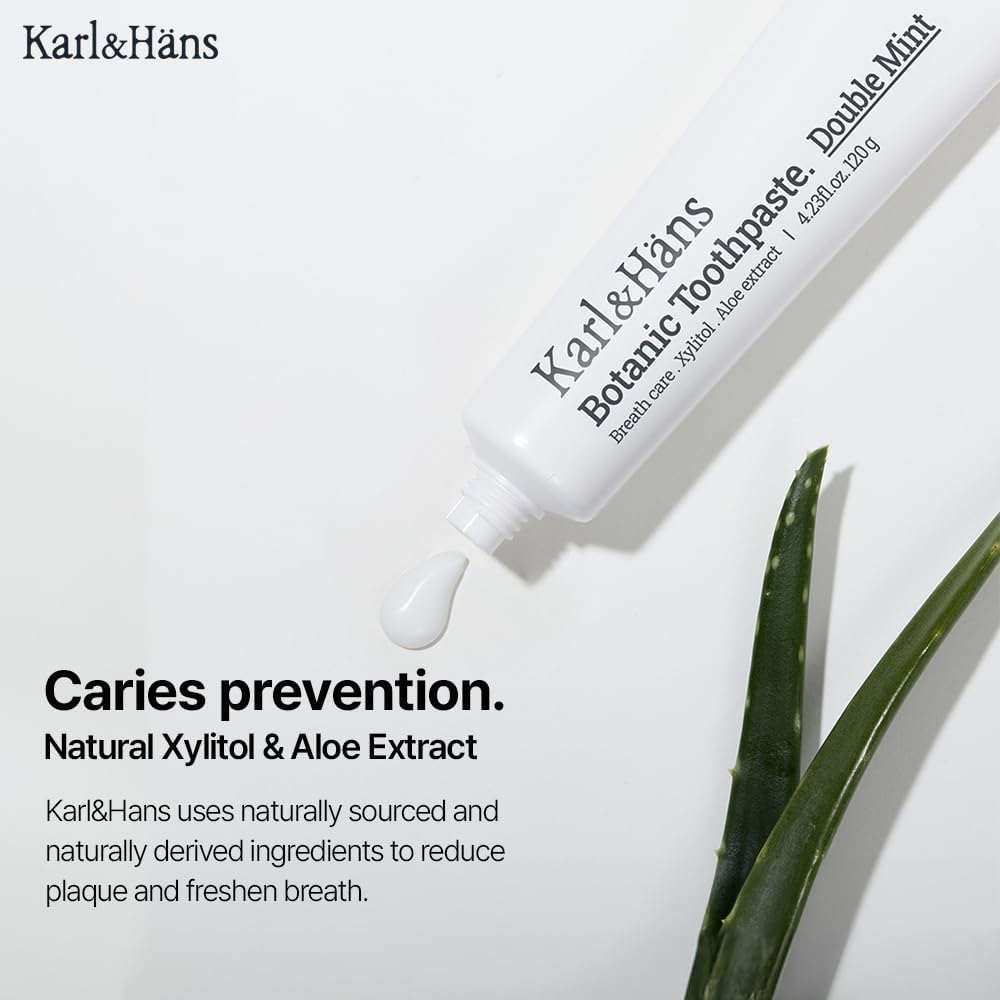 Karl&Hans Botanic Double Mint Toothpaste with Fluoride - Natural, Freshens Breath, Strengthens Enamel, Whitens Teeth, and Soothes Sensitive Teeth with Xylitol and Aloe Extracts, 4.23 oz