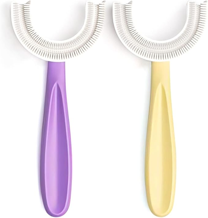 YOTEE U-Shaped Toothbrush Kids 2 PCS - Toddler Toothbrush with Food Grade Soft Silicone Brush Head, Manual Whole Mouth Tooth Brush for Kids Age 6-12(Purple+Yellow)