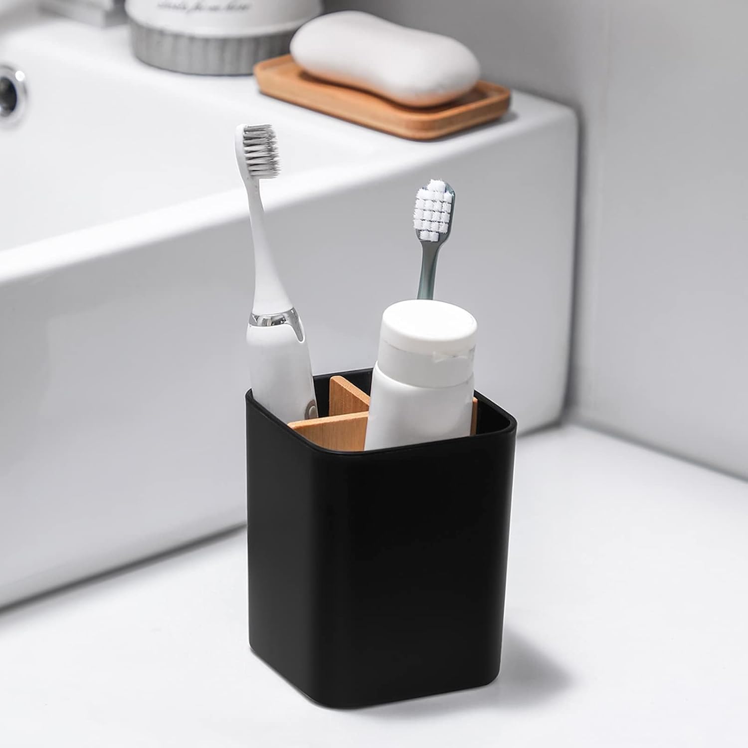 Bamboo Toothbrush Holder for Bathrooms, 3 Slots Toothbrush and Toothpaste Holder Bathroom Counter Organizer for Electric Toothbrushes, Floss, Razors, 2 Pack, Black