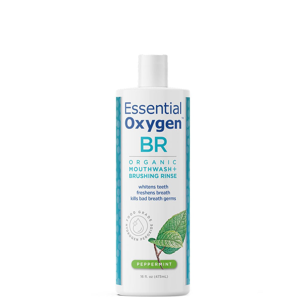 Essential Oxygen Certified BR Organic Brushing Rinse, All Natural Mouthwash for Whiter Teeth, Fresher Breath, and Happier Gums, Alcohol-Free Oral Care, Peppermint, 16 Ounce, Package may vary