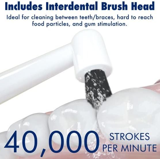 Sonic-FX Solo Electric Toothbrush w/ 10 Brush Heads + 1 Interdental, Charcoal Bristles, Rechargeable, Charging/Storage Base, 3 Brush Modes, Smart Timer, 2 Months Use on Full Charge, White Color