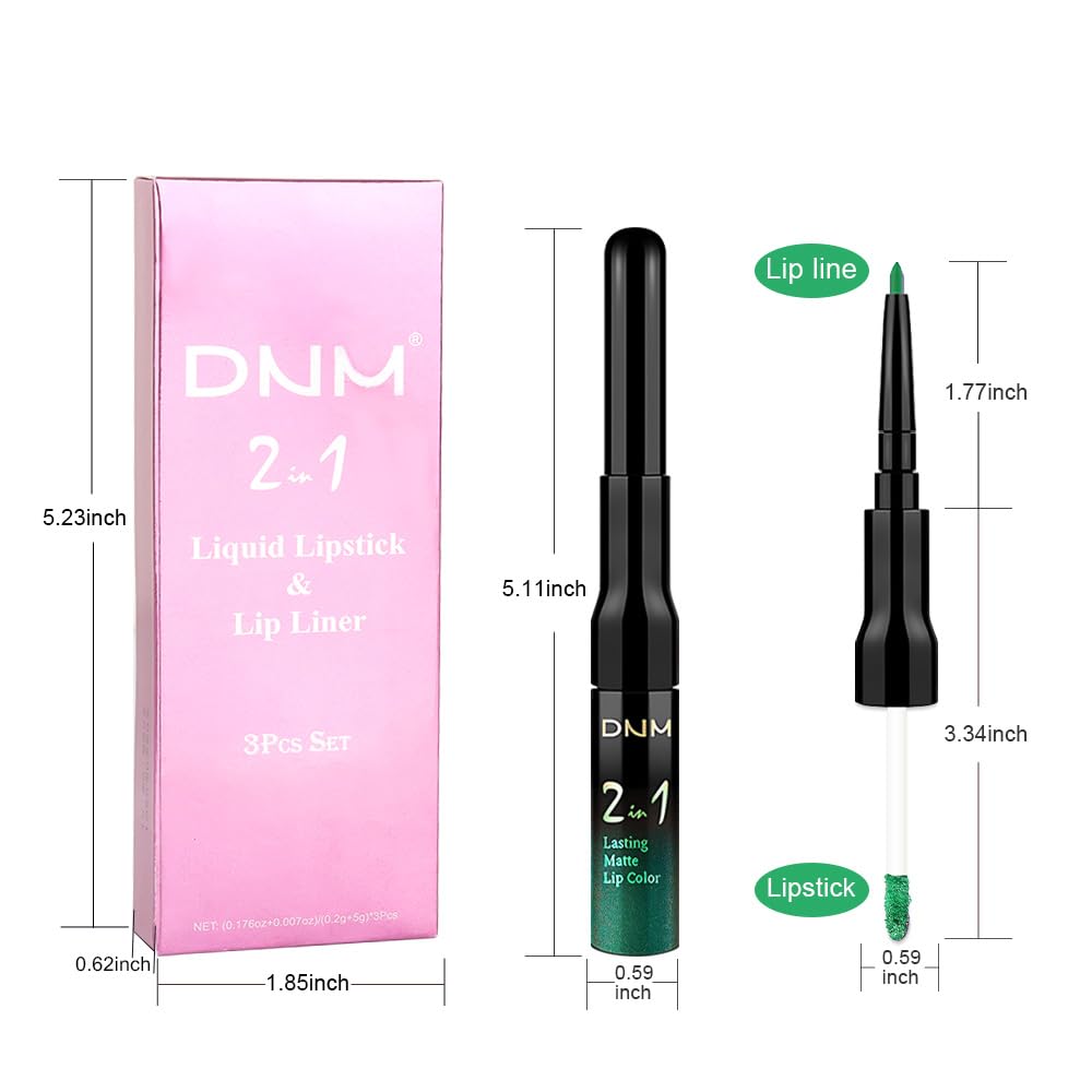 3Pcs 2 in 1 Green Matte Shimmer Lip Liner and Liquid Lipstick Stain Makeup Set for women, Long Lasting Smudge Proof Lip Tint Matte Finish Lip Gloss for All-Day Color Hold Easy to Use, Set25