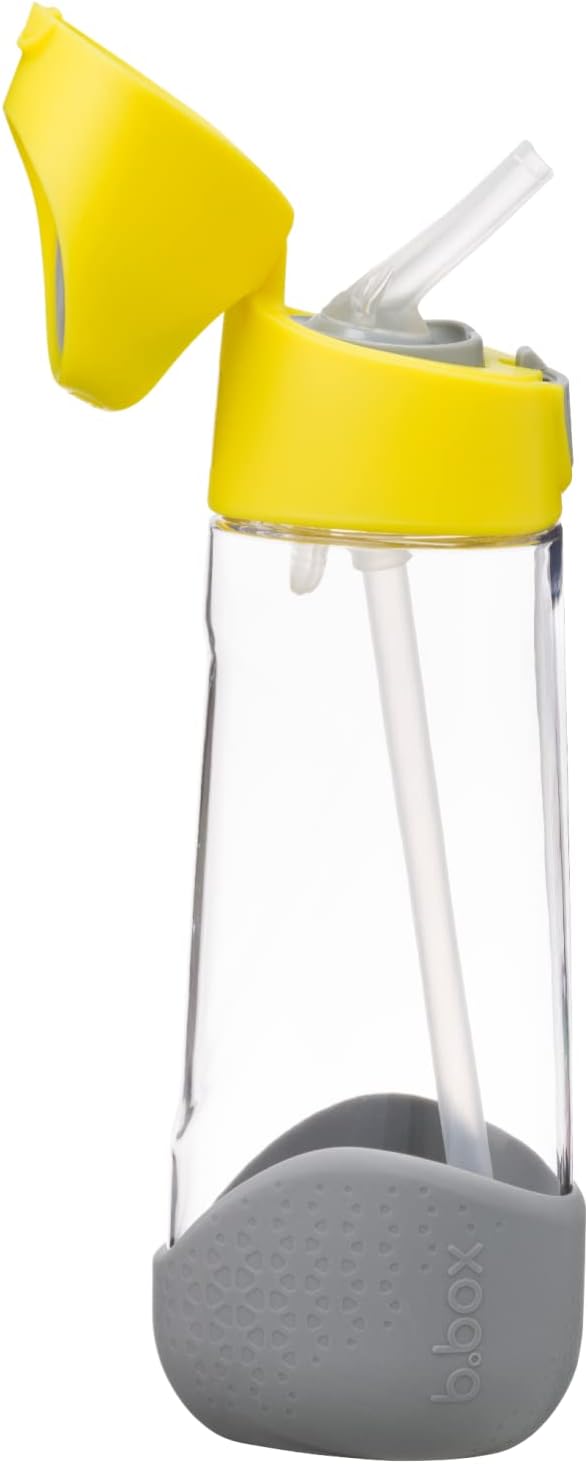 b.box 20oz Tritan Kids Water Bottle –Toddler Drink Bottle with Straw for School, Daycare, Travel w/Easy-Grip Triangular Design, Leak Proof Lid & Handle, BPA Free, Dishwasher Safe (Lemon Sherbet)