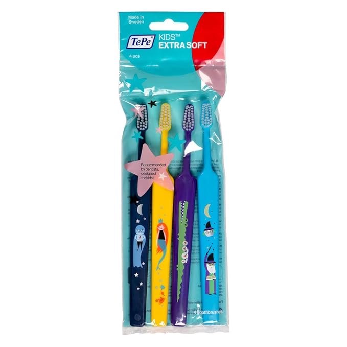 TePe Kids Toothbrush, Extra Soft Kid and Toddler Toothbrush for Ages 3+, 4 Pack
