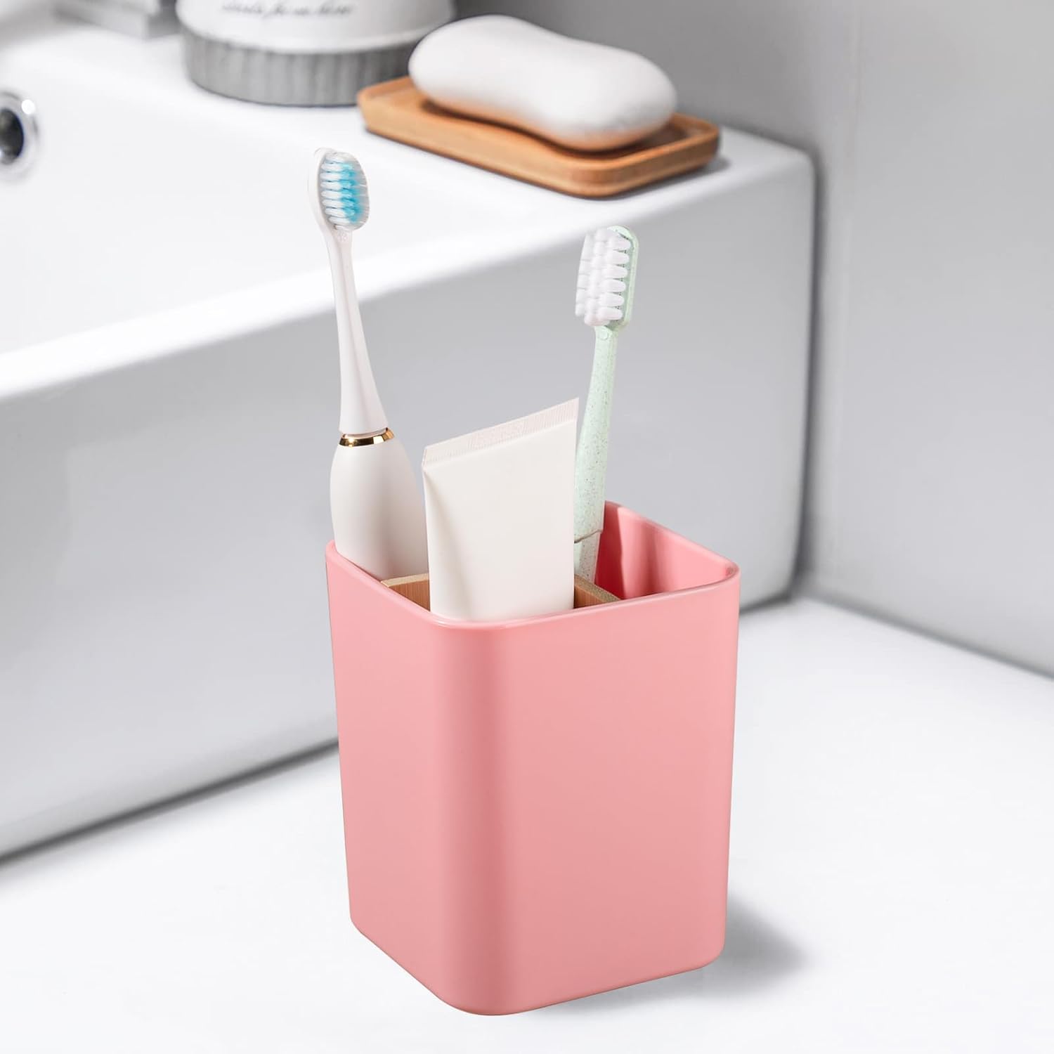 Bamboo Toothbrush Holder for Bathrooms, 3 Slots Toothbrush and Toothpaste Holder Bathroom Counter Organizer for Electric Toothbrushes, Floss, Razors - Pink