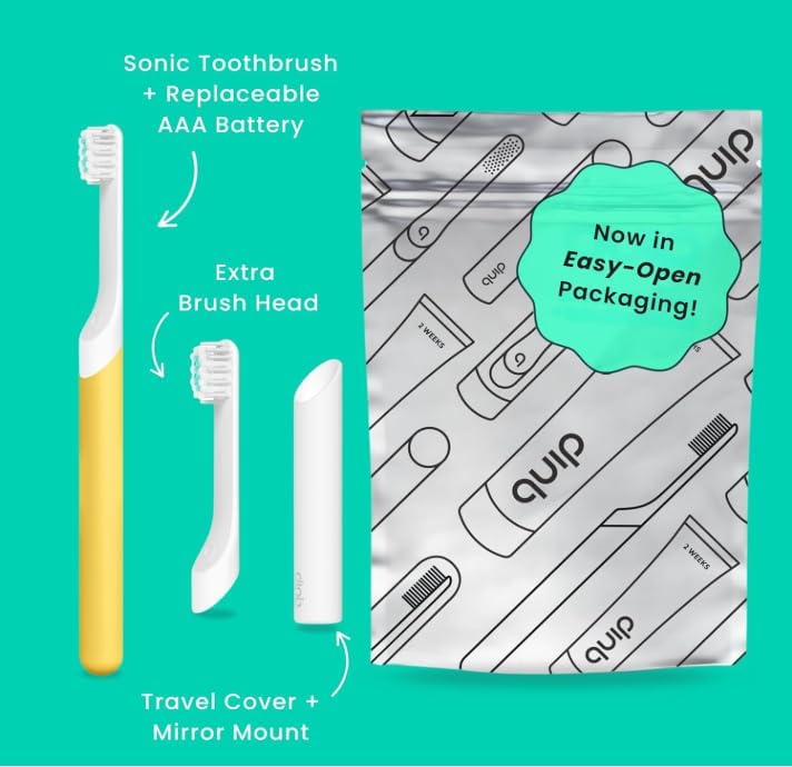 Quip Kids Electric Toothbrush, Battery-Powered Sonic, Yellow, with 2-Min Timer, Extra Head and Travel Cover