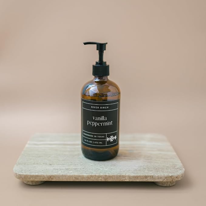 River Birch Vanilla Peppermint Scented Natural Hand Soap - Handmade Soap - Moisturizing Hand Wash with Amber Glass Dispenser - Luxury Scented Hydrating Hand Soap - Vegan and Non-Toxic - 16 Fl Oz