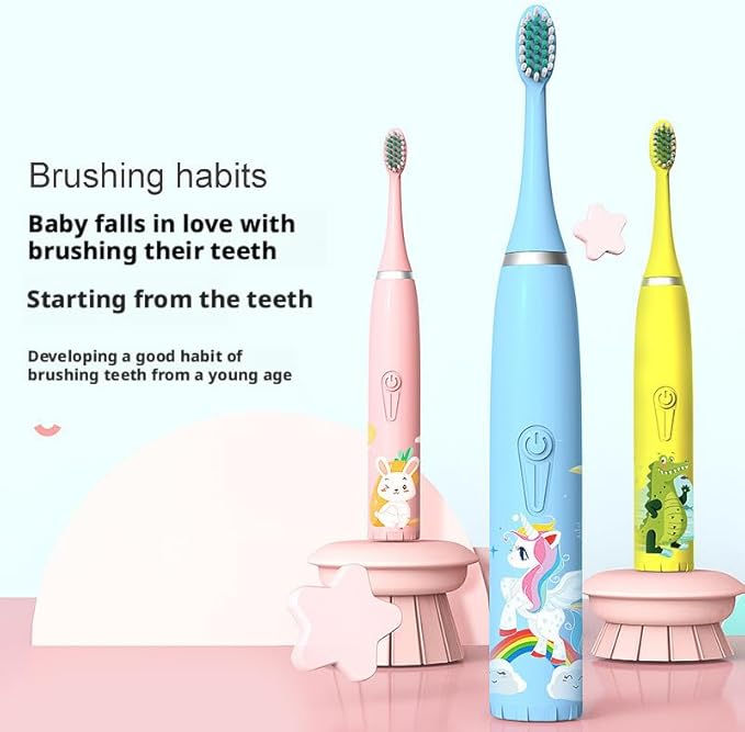 3PCS Rechargeable Children's Electric Toothbrush Ip7 Waterproof, Ultrasonic Vibration, Cute Cartoon Soft Fur Design, 5 Brush Heads