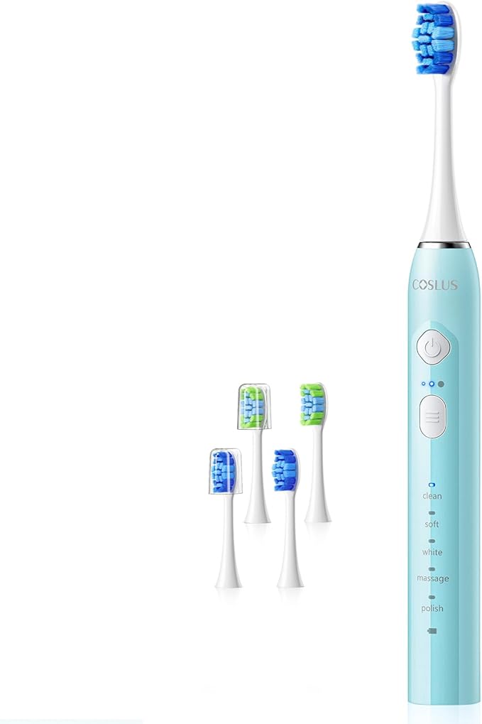 COSLUS Sonic Electric Toothbrush for Adults & Kids: 3 Intensities 5 Modes Gum-Friendly for Deep Cleaning & Whitening - 2 Types of Heads for Family, Sensitive Teeth, Braces, Travel & Home Use, Green