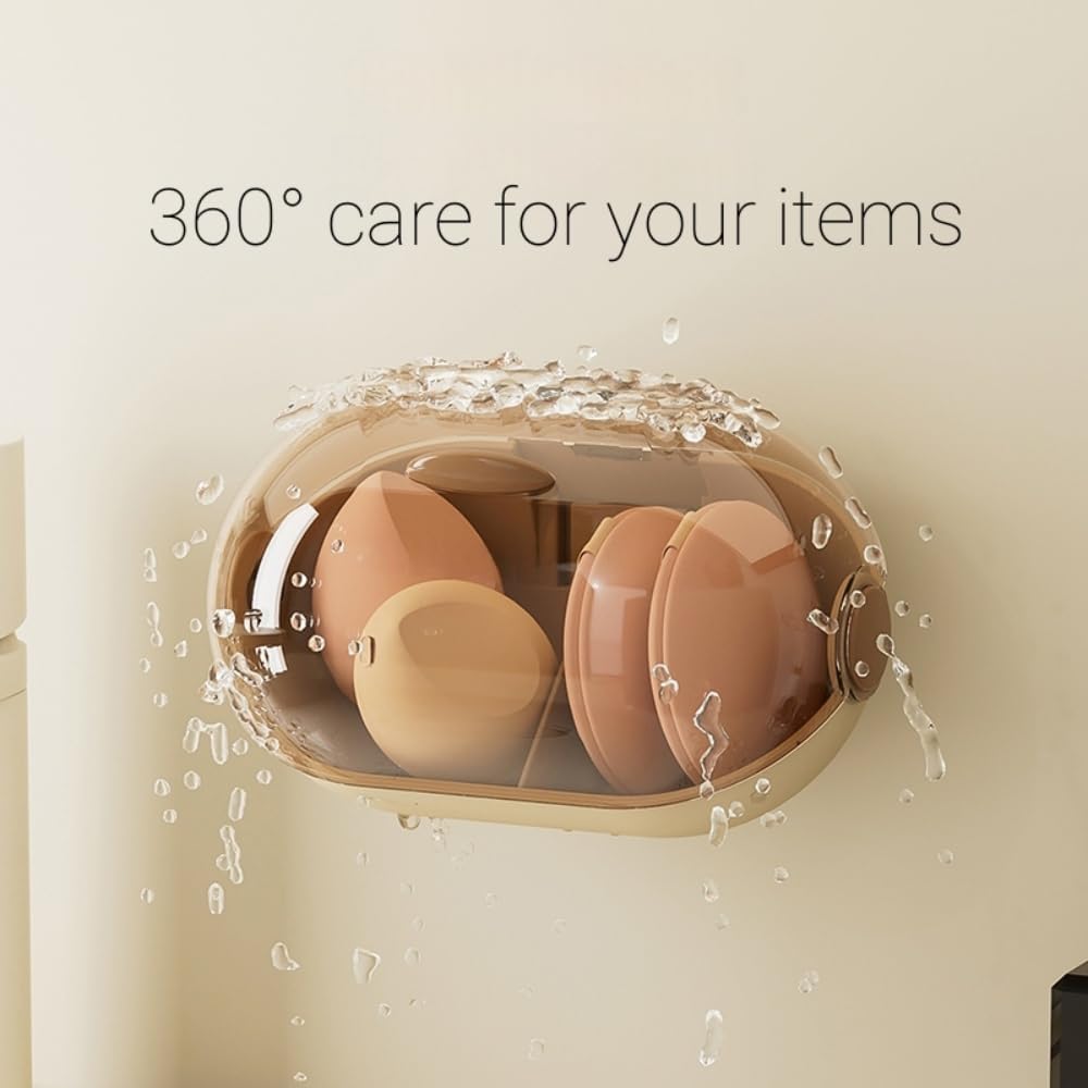 Wall-Mounted Makeup Sponge Holder Beauty Blender Holder Small Hair Accessories Organizer Drying Storage Box for Bathroom Countertop with Cute Big Eyes and Lid, 2 Compartments(1 PC,Brown)