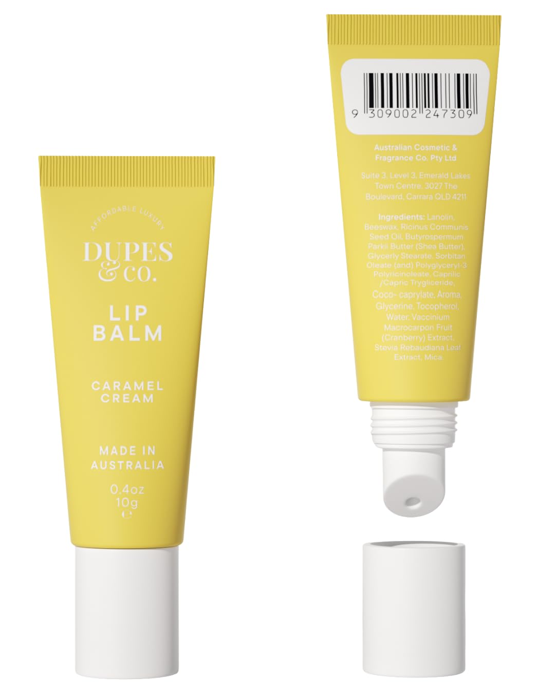 Dupes & CO. Lip Balm 2-Pack – Caramel Cream & Watermelon Burst, Hydrating Fruity Lip Moisturizer, Vegan & Cruelty-Free, Soft Smooth Nourishing Lips, Australian Made, 2 x 0.4 oz