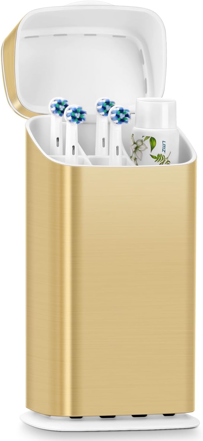 Toothbrush Holders with Cover - Electric Toothbrush Length Less Than 9 inches, 5 Slots Tooth Brush Holder for Bathroom, Detachable Toothpaste Holder Bathroom Organizers with Drainage, Gold