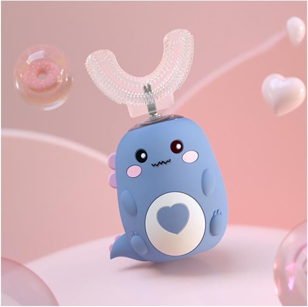 Kids Automatic U-Shaped Toothbrush, 360º Toothbrush Rechargeable Auto U-Shaped Electric Toothbrush with Led Light, 5 Modes & Smart Timer Gentle Waterproof and Cartoon Dragon Design (Blue*1)
