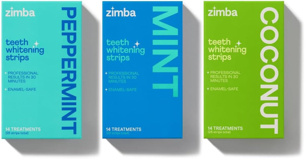 Zimba Teeth Whitening Strips 3-Pack Bundle (Mint, Peppermint, Coconut) | Vegan Whitening Strip Enamel Safe Teeth Whitening Hydrogen Peroxide Teeth Whitener for Coffee, Wine, Tobacco, and Other Stains