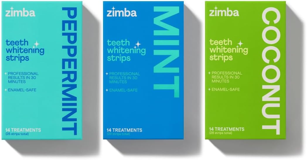 Zimba Teeth Whitening Strips 3-Pack Bundle (Mint, Peppermint, Coconut) | Vegan Whitening Strip Enamel Safe Teeth Whitening Hydrogen Peroxide Teeth Whitener for Coffee, Wine, Tobacco, and Other Stains