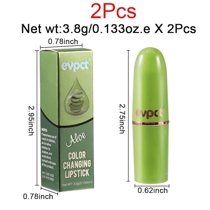2Pcs Aloe Vera Lip Color Changing Lipstick Lip Balm Set, Green Magic PH Lipstick Color Change Changing Crystal Flower Jelly Lipstick Tinted Lip Balm Gloss Stain Makeup Set for Women Girls Waterproof