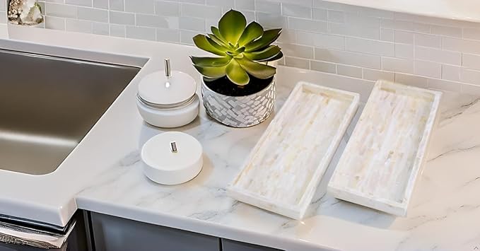 PEMAR Set of 2 Mother of Pearl Vanity Tray for Bathroom Counter, 11" Wooden Organisation Valet Tray for Perfume Makeup Bedroom Dresser Kitchen Sink Countertop Organizer, Toilet Tank (White Tiles)