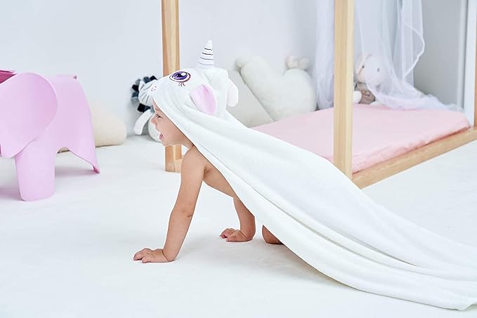 HIPHOP PANDA Hooded Towel - Rayon Made from Bamboo, Bath Towel with Bear Ears for Newborn, Babie, Toddler, Infant - Absorbent Large Baby Towel - Unicorn, 37.5 x 37.5 Inch