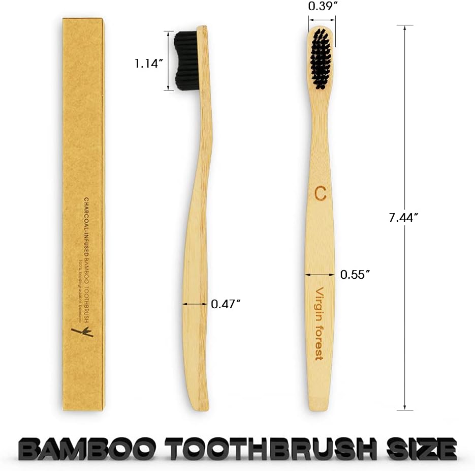 Virgin Forest Bamboo Toothbrush, Natural Eco Friendly Biodegradable Charcoal Tooth Brushes, Pack of 6